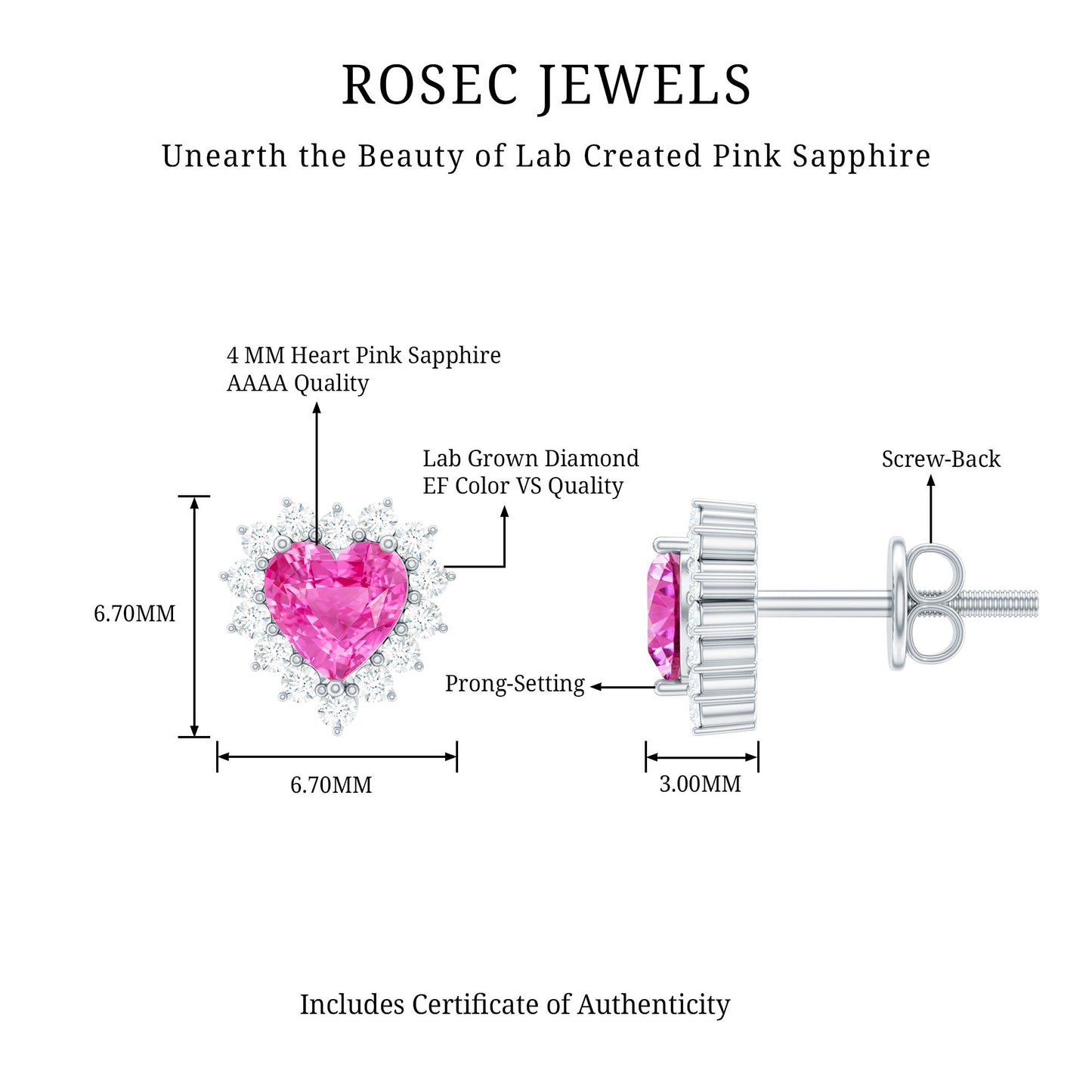 Lab Grown Pink Sapphire Heart Stud Earrings with Diamond Halo
