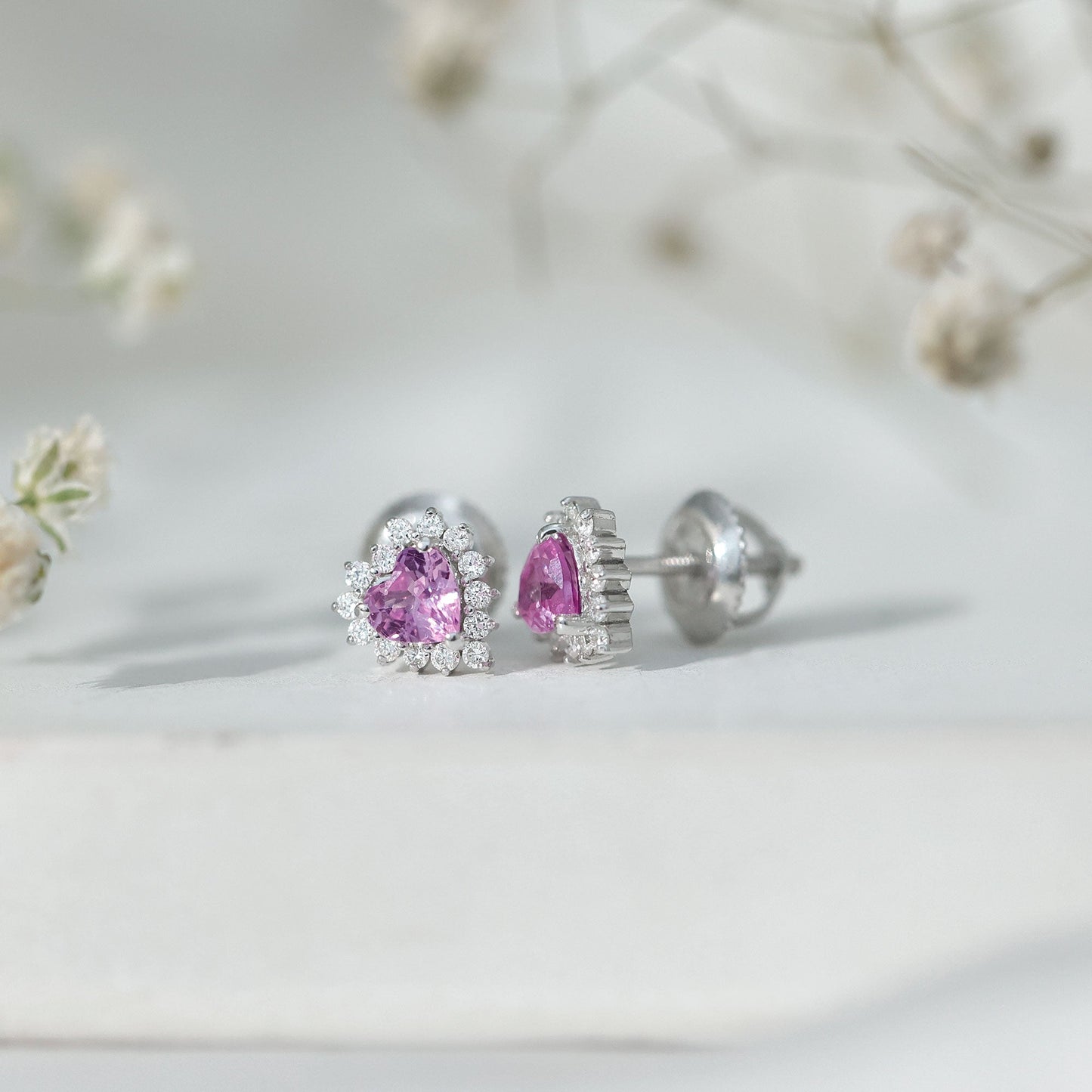 Lab Grown Pink Sapphire Heart Stud Earrings with Diamond Halo