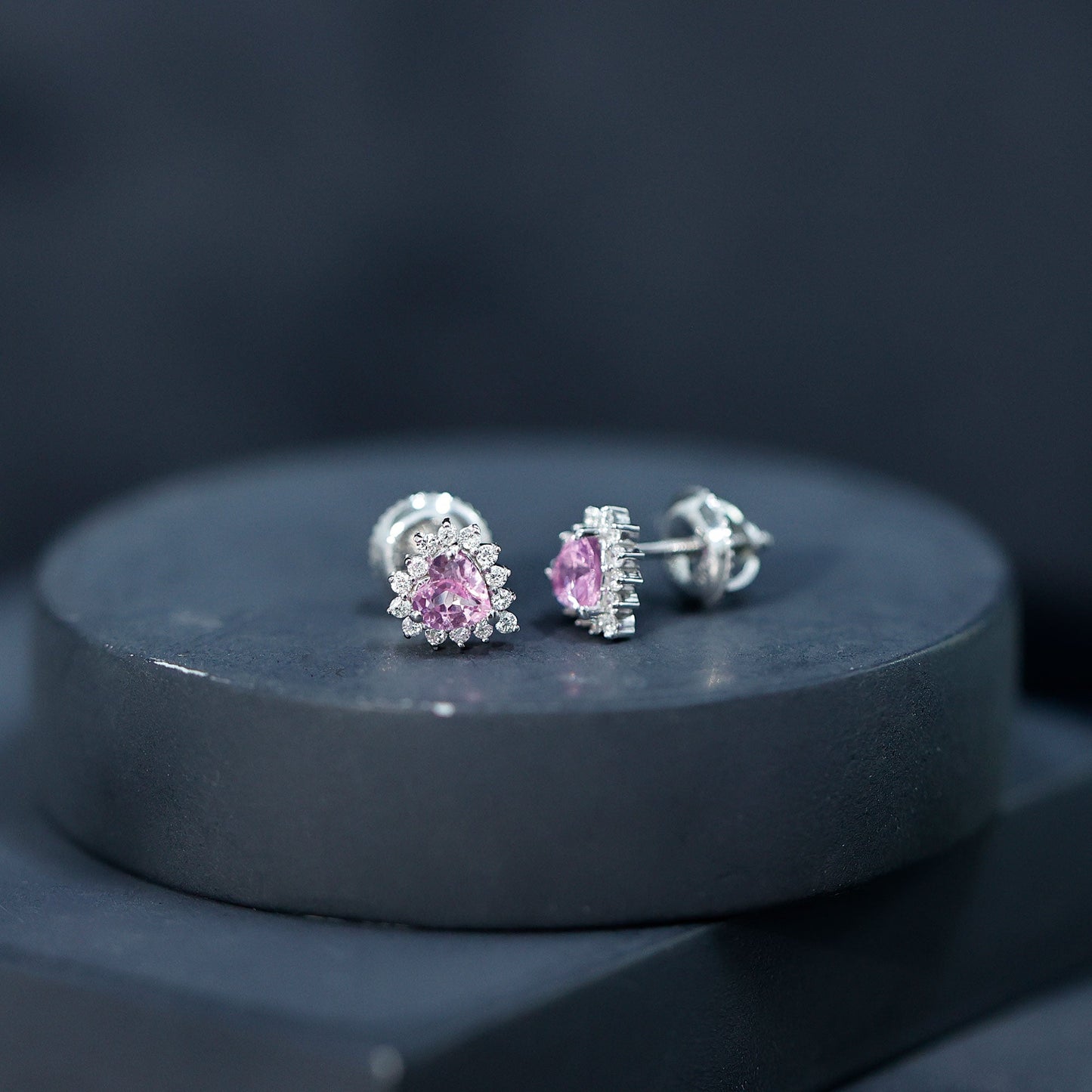 Lab Grown Pink Sapphire Heart Stud Earrings with Diamond Halo