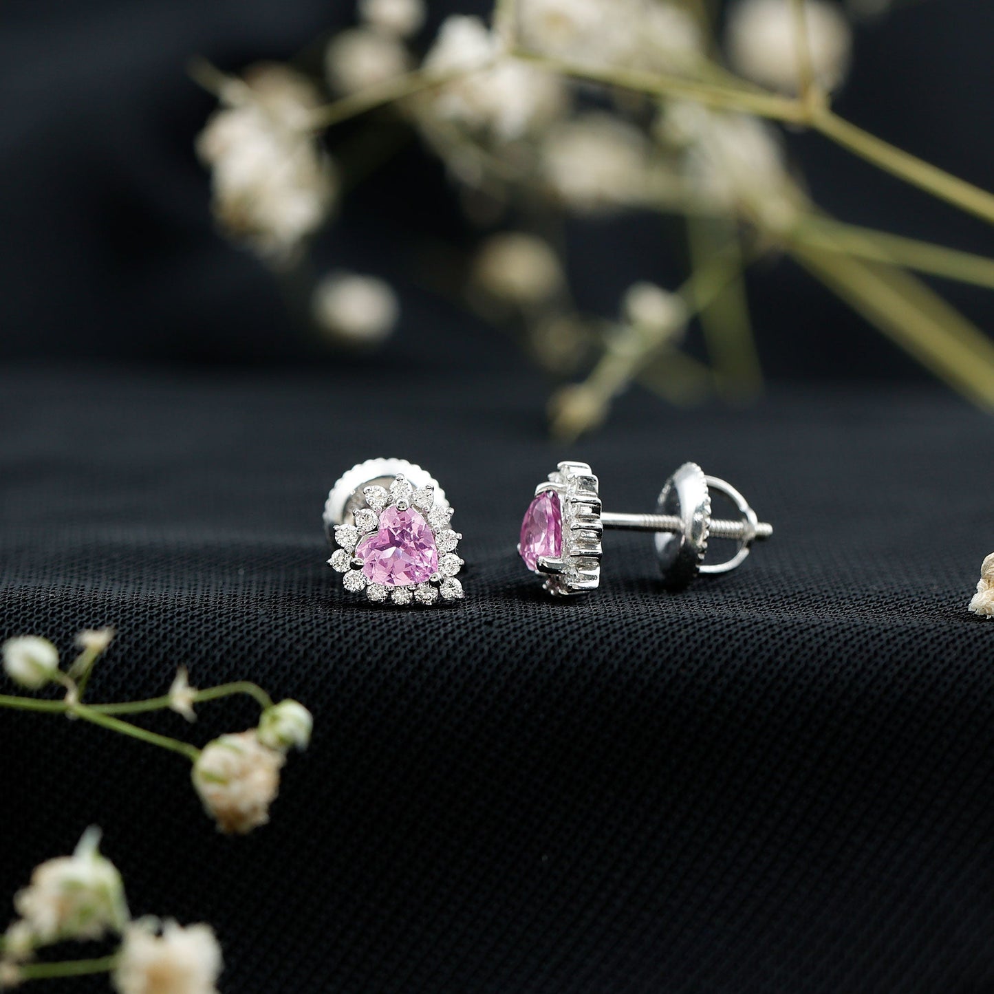 Lab Grown Pink Sapphire Heart Stud Earrings with Diamond Halo