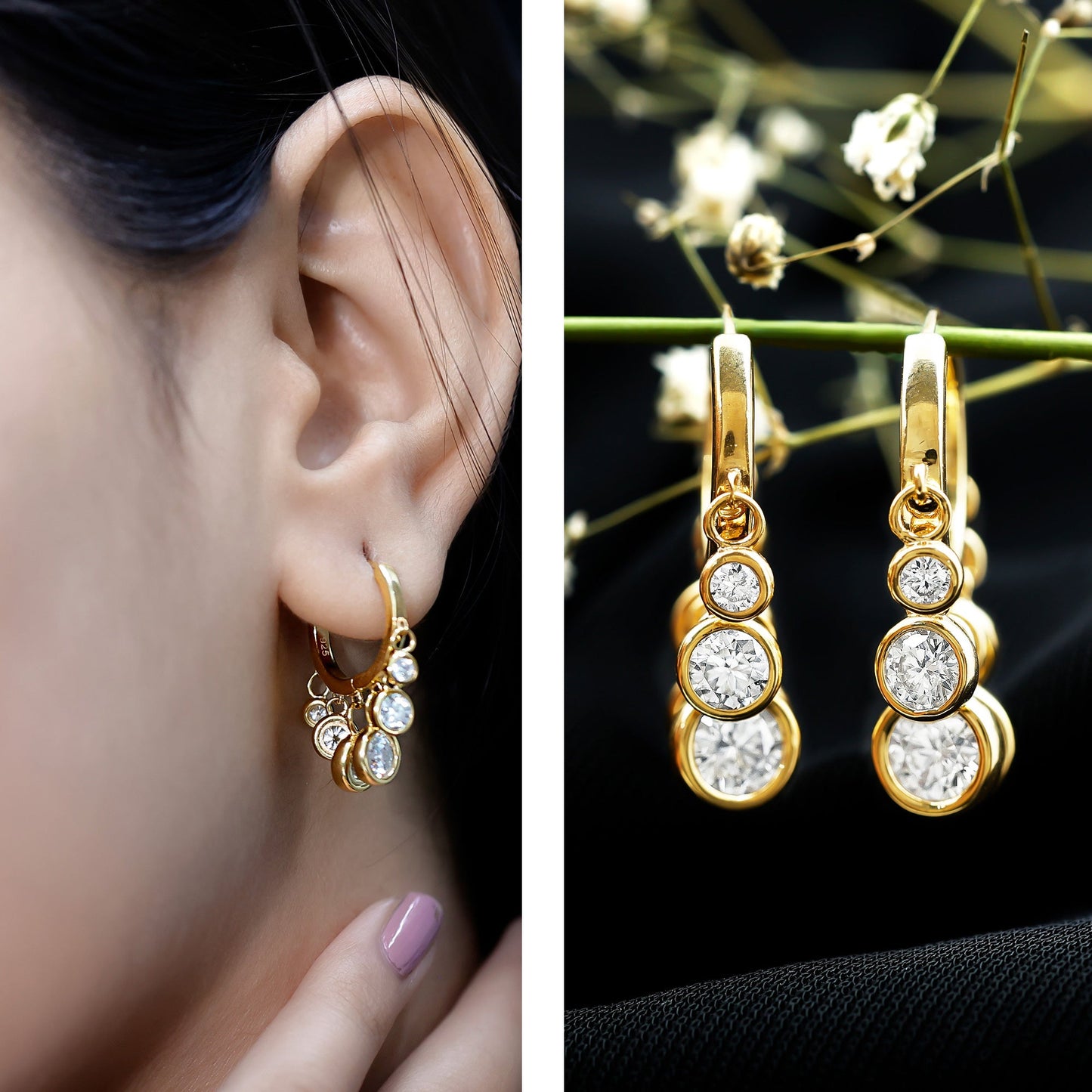 Bezel Set Moissanite Hinged Hoop Drop Earrings in Silver