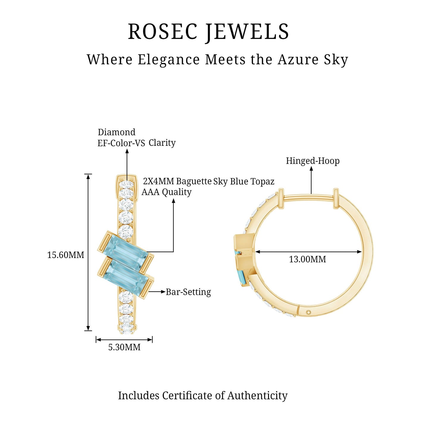 Natural Baguette Shape Sky Blue Topaz Diamond Hoop Earrings