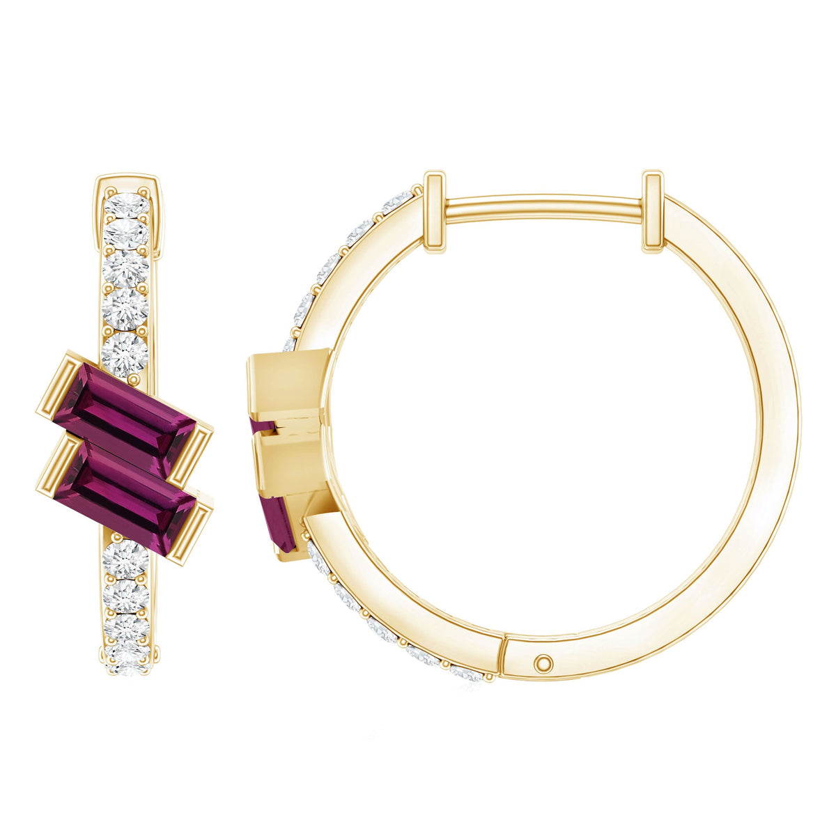 Rhodolite Garnet and Diamond Hoop Earrings in Gold Plated Silver