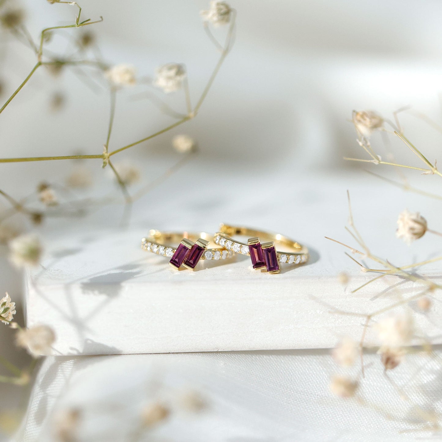 Rhodolite Garnet Hinged Hoop Earrings in Gold Plated Silver