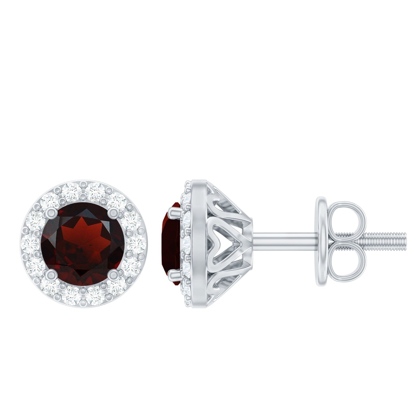 Genuine Garnet Stud Earrings with Lab Grown Diamond Halo