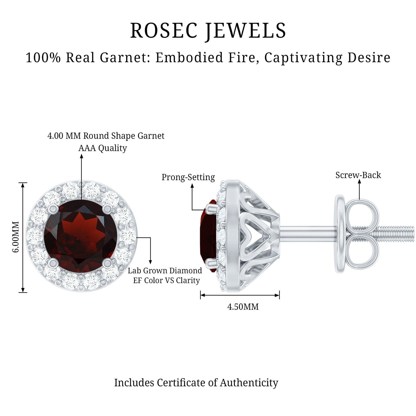 Genuine Garnet Stud Earrings with Lab Grown Diamond Halo