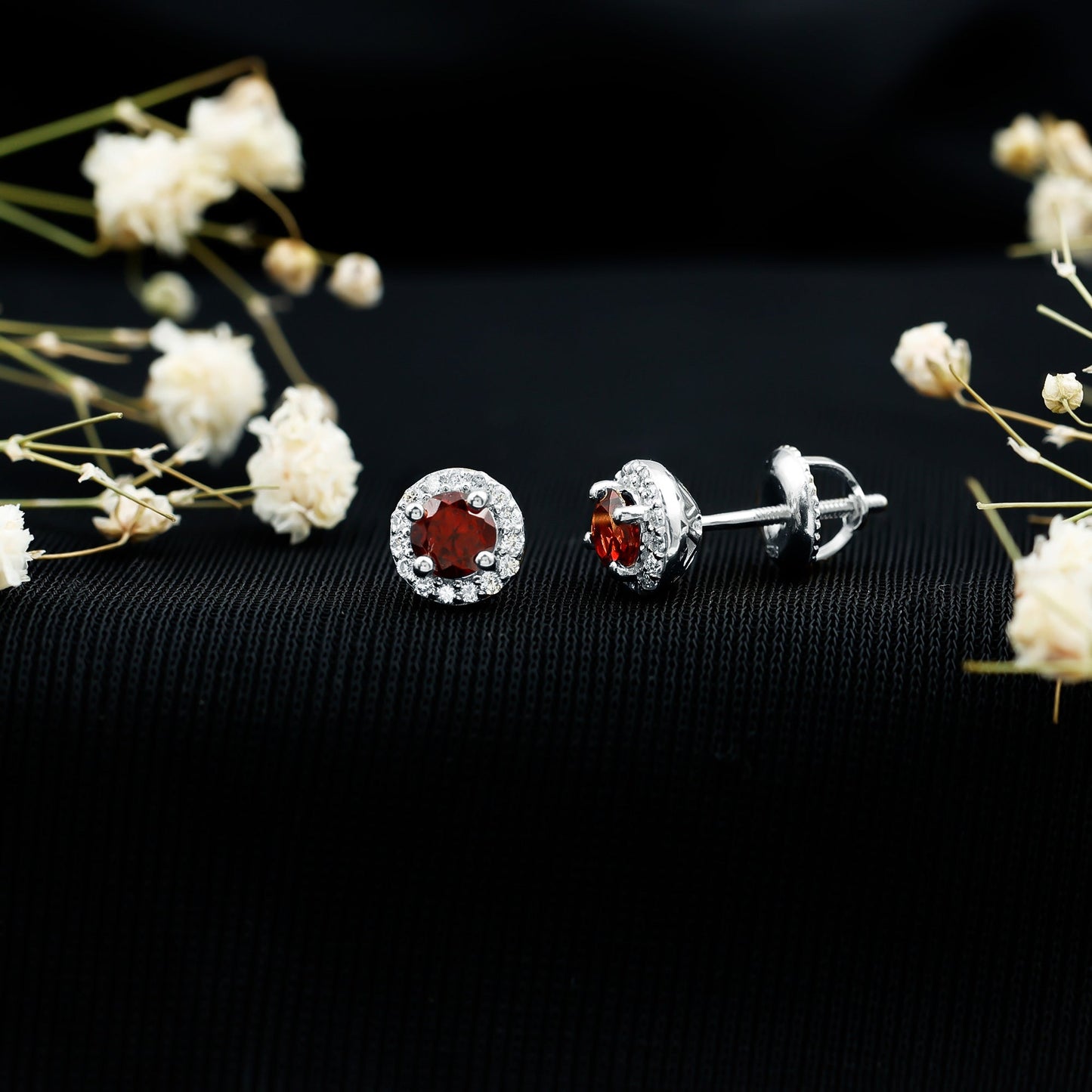 Genuine Garnet Stud Earrings with Lab Grown Diamond Halo