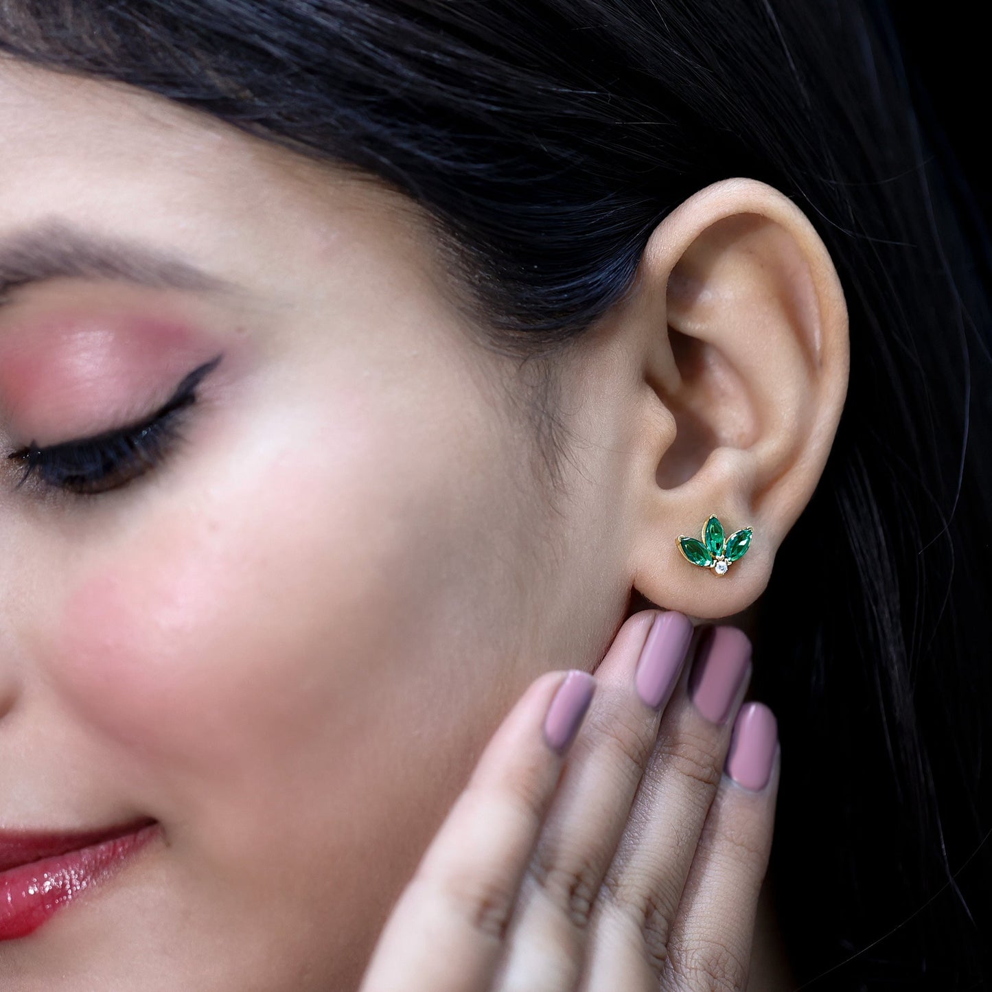 Marquise Cut Lab Created Emerald Leaf Stud Earrings in Silver