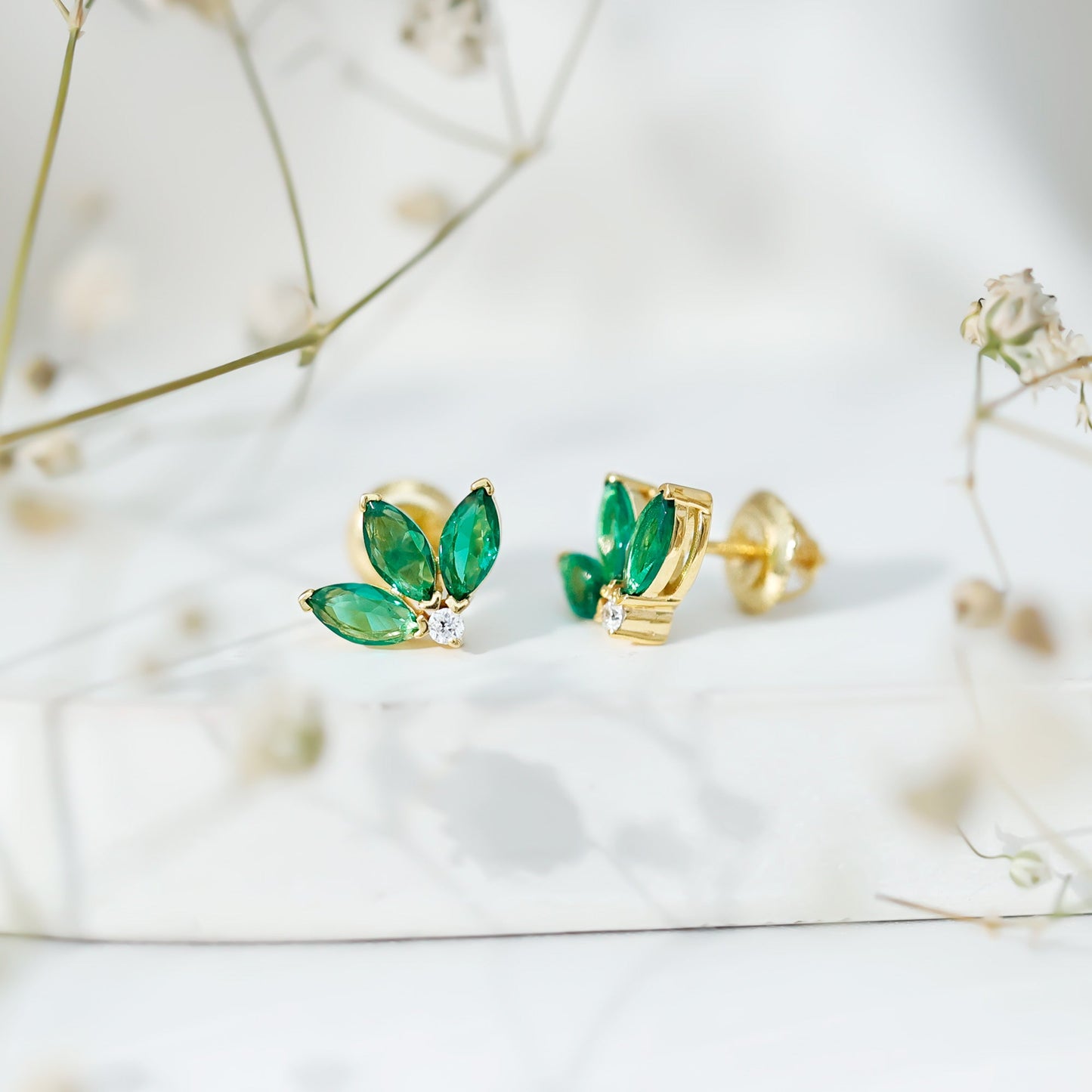 Marquise Cut Lab Created Emerald Leaf Stud Earrings in Silver