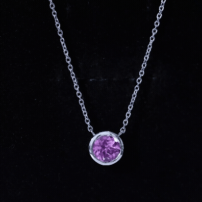 Round Cut Lab Grown Pink Sapphire Solitaire Necklace in Bezel Setting