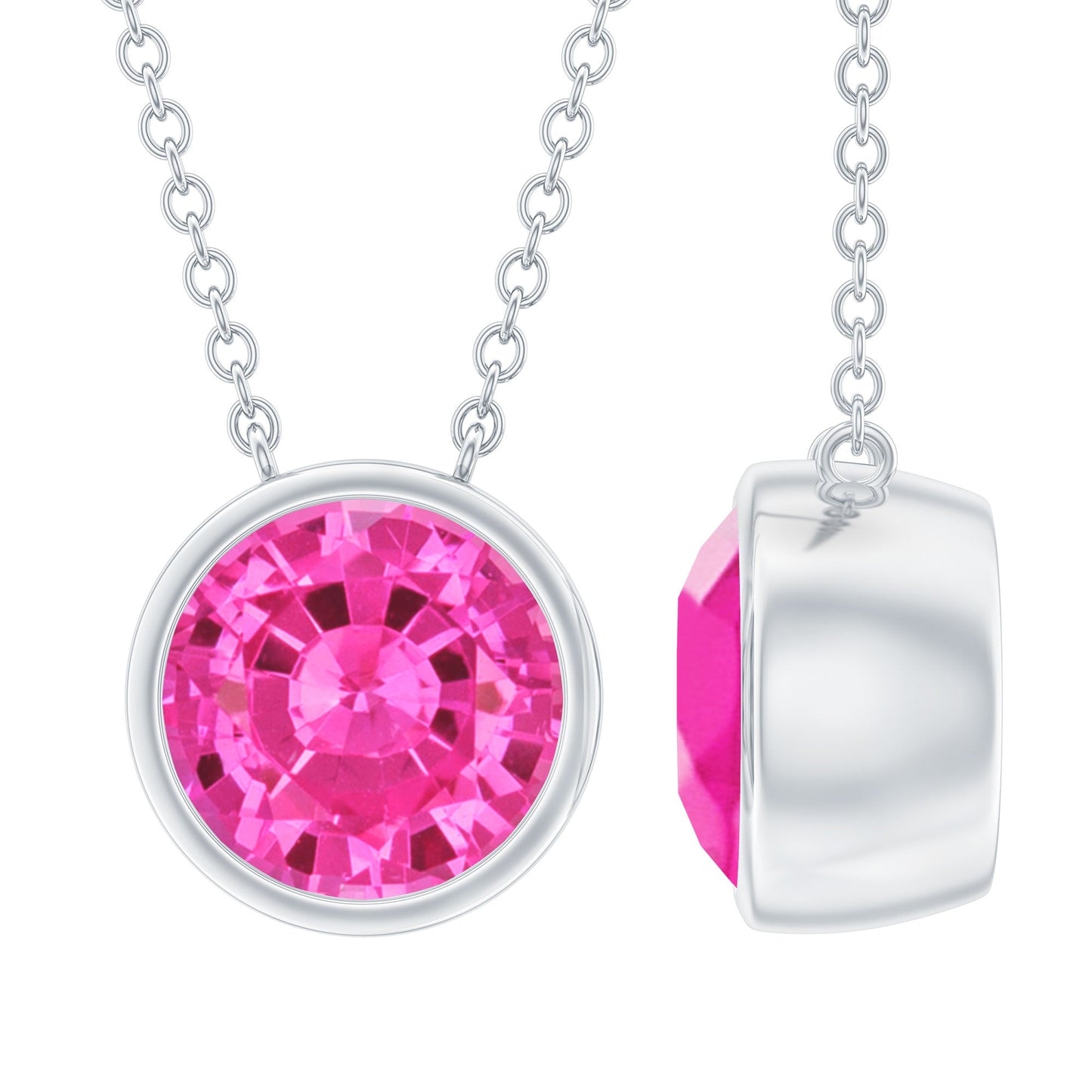 Round Cut Lab Grown Pink Sapphire Solitaire Necklace in Bezel Setting