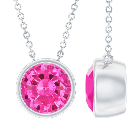 Round Cut Lab Grown Pink Sapphire Solitaire Necklace in Bezel Setting