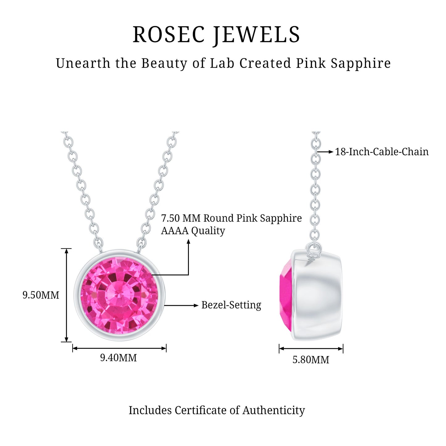 Round Cut Lab Grown Pink Sapphire Solitaire Necklace in Bezel Setting