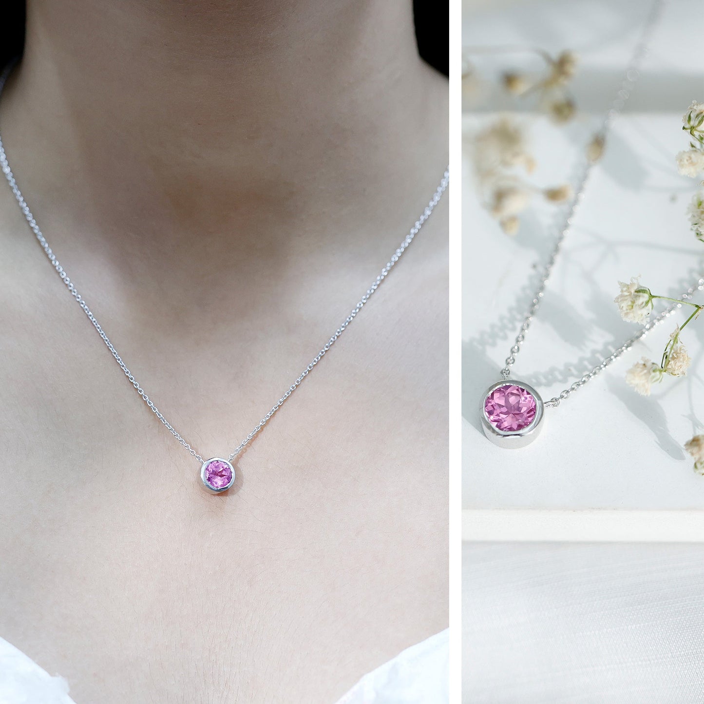 Round Cut Lab Grown Pink Sapphire Solitaire Necklace in Bezel Setting