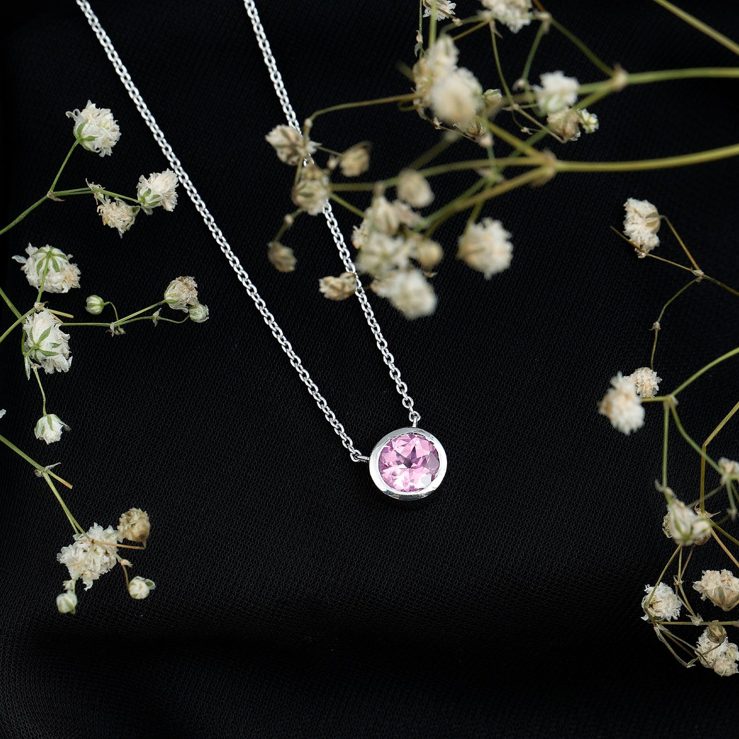 Round Cut Lab Grown Pink Sapphire Solitaire Necklace in Bezel Setting