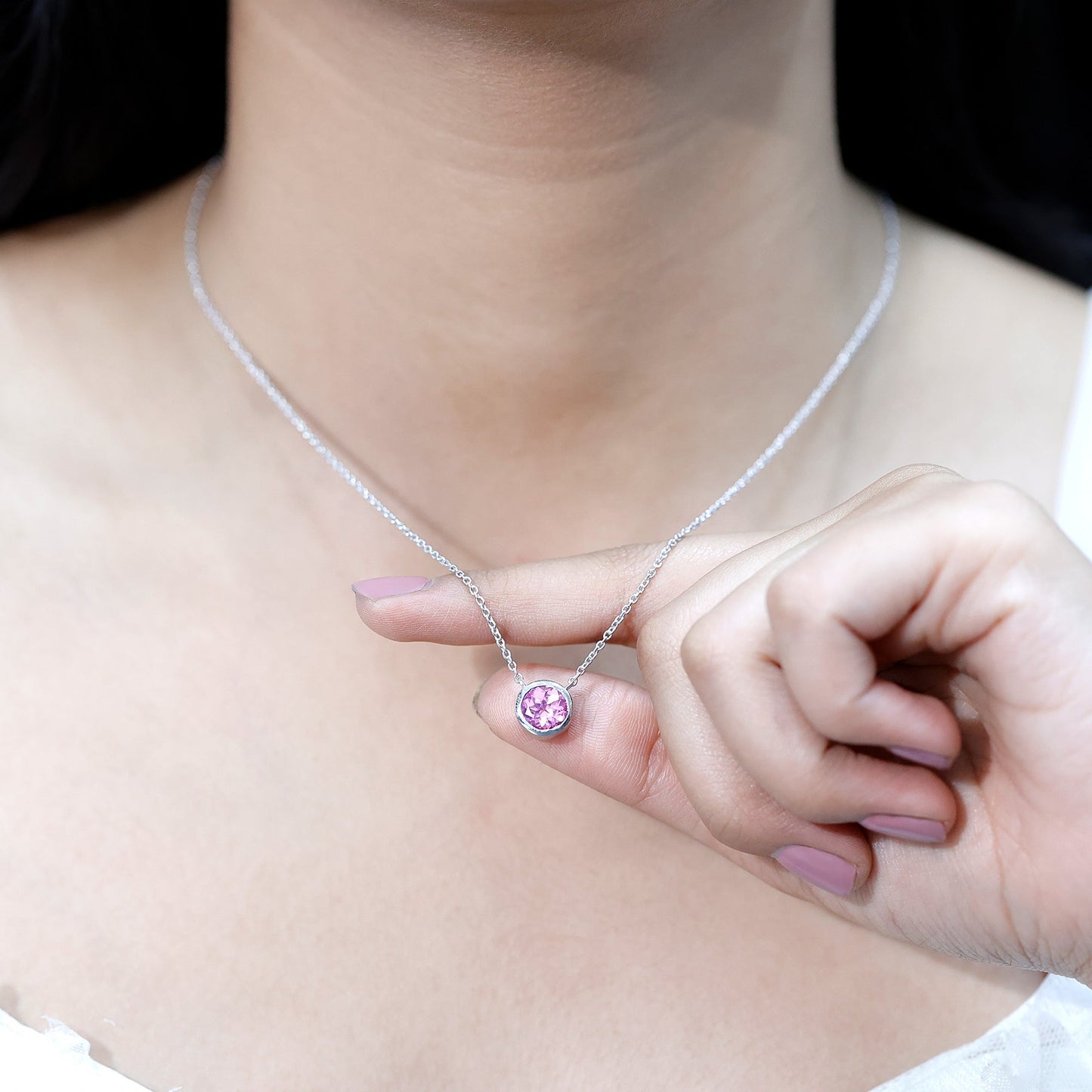 Round Cut Lab Grown Pink Sapphire Solitaire Necklace in Bezel Setting