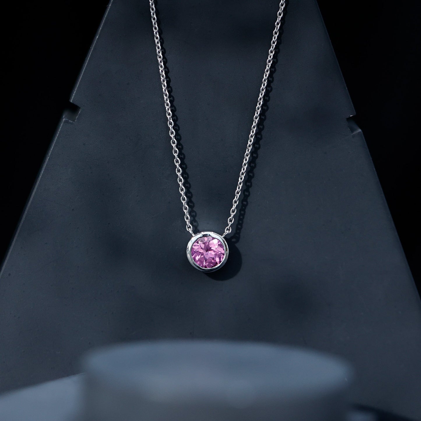 Round Cut Lab Grown Pink Sapphire Solitaire Necklace in Bezel Setting