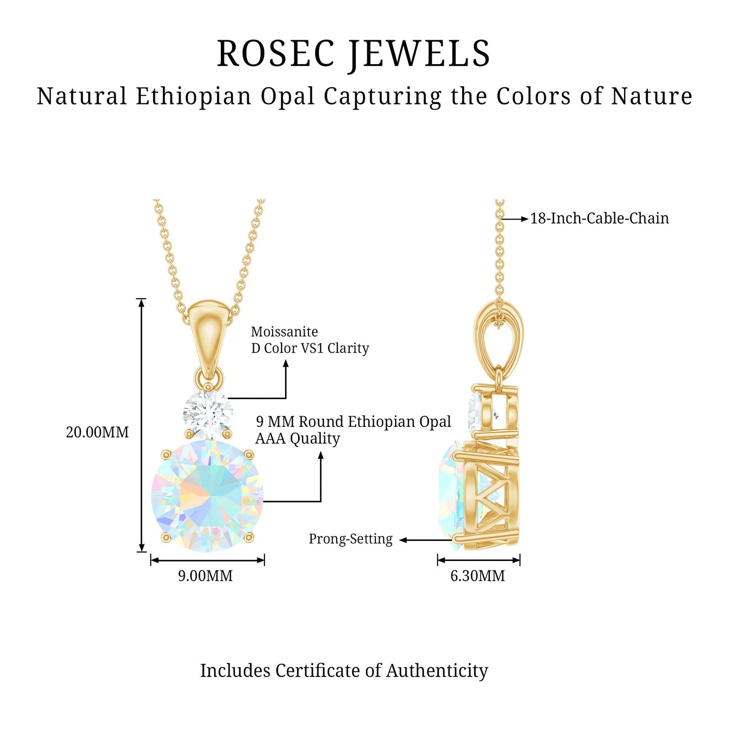 Certified Ethiopian Opal Solitaire Necklace with Moissanite