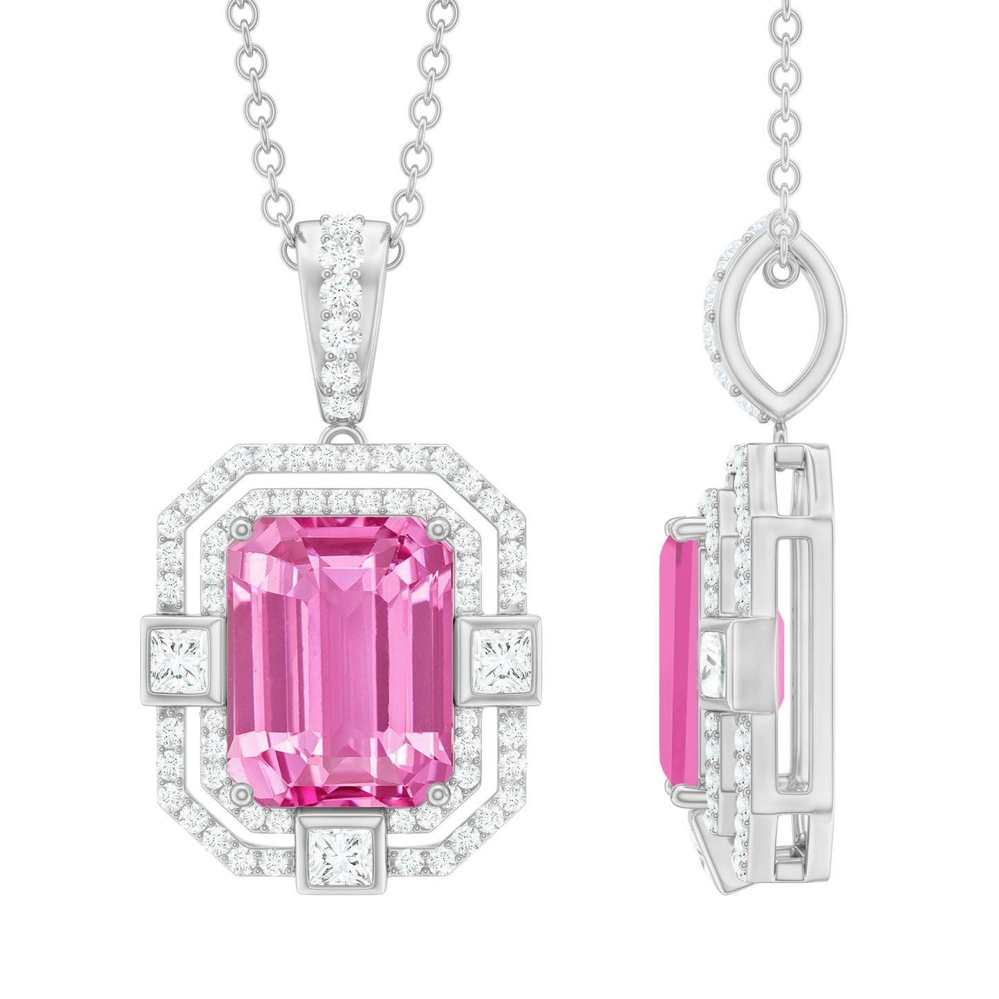 Emerald Cut Lab Grown Pink Sapphire Diamond Vintage Necklace
