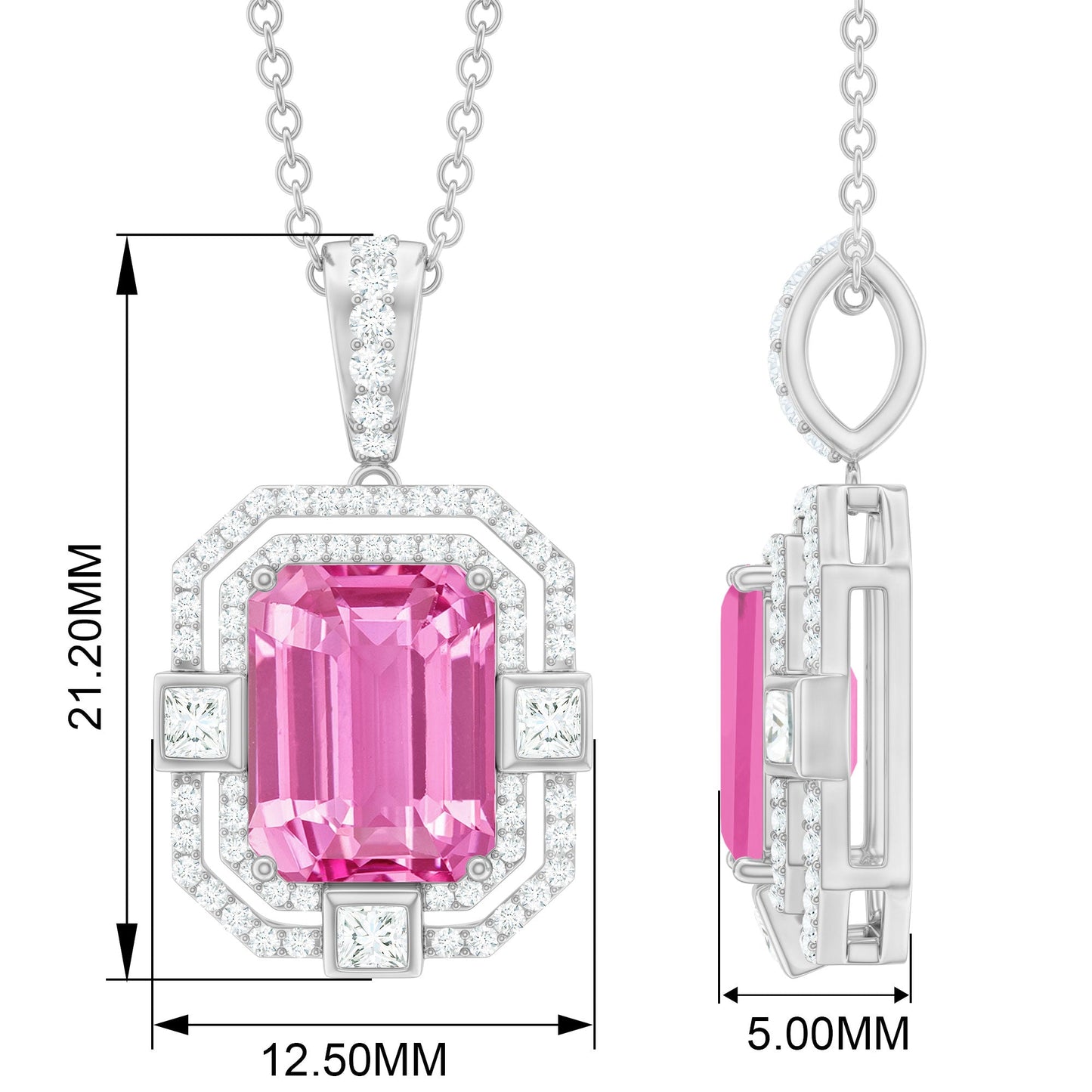 Emerald Cut Lab Grown Pink Sapphire Diamond Vintage Necklace
