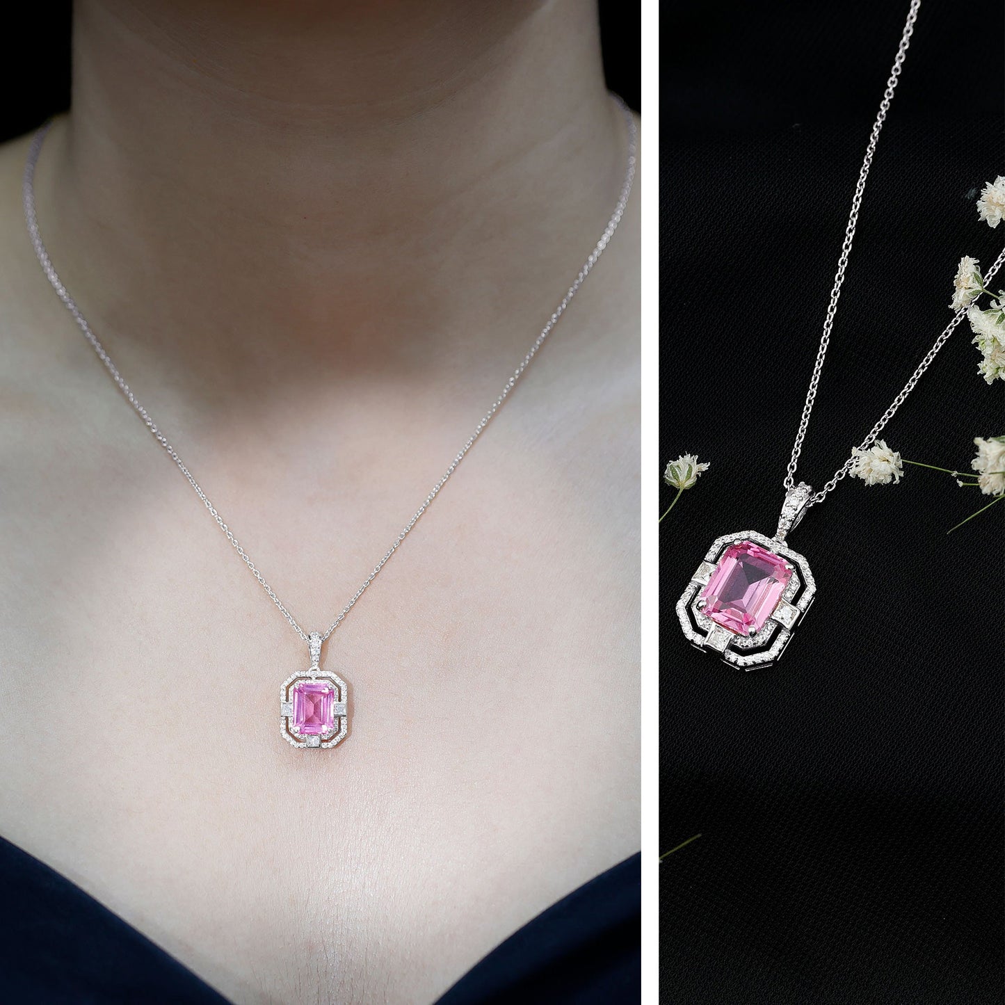 Emerald Cut Lab Grown Pink Sapphire Diamond Vintage Necklace