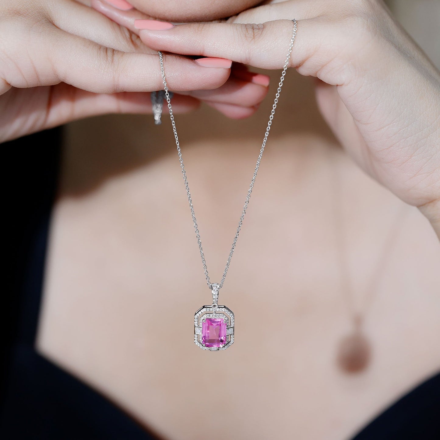 Emerald Cut Lab Grown Pink Sapphire Diamond Vintage Necklace