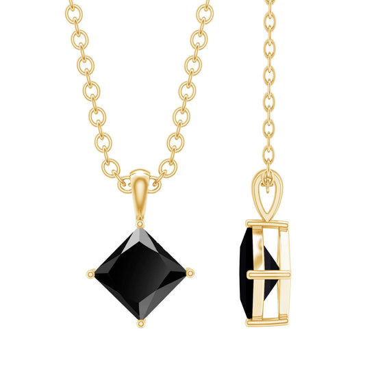 Princess Cut Black Spinel Solitaire Pendant Necklace with Silver Chain