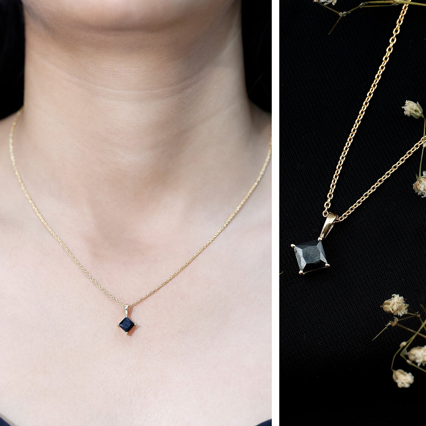 Princess Cut Black Spinel Solitaire Pendant Necklace with Silver Chain