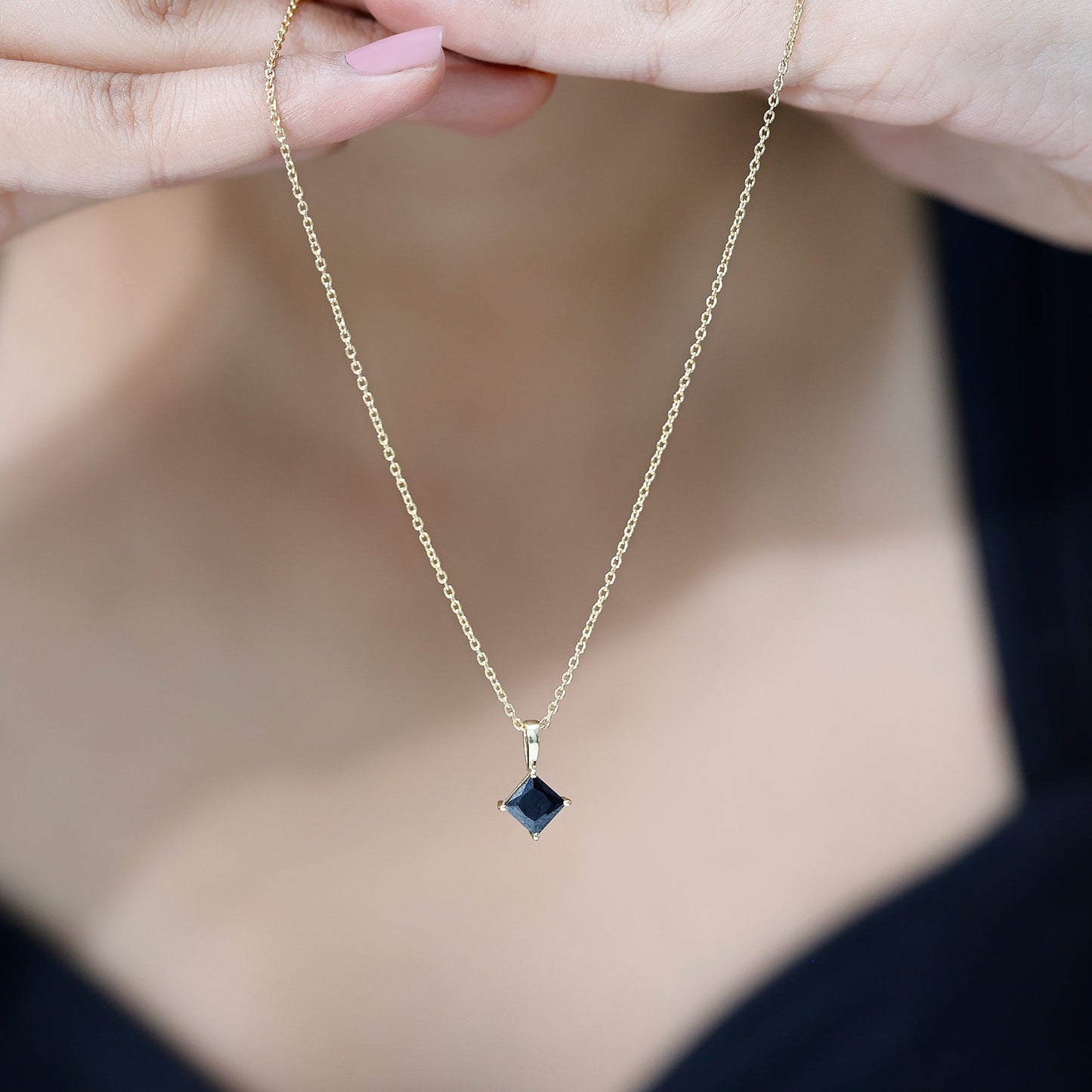 Princess Cut Black Spinel Solitaire Pendant Necklace with Silver Chain