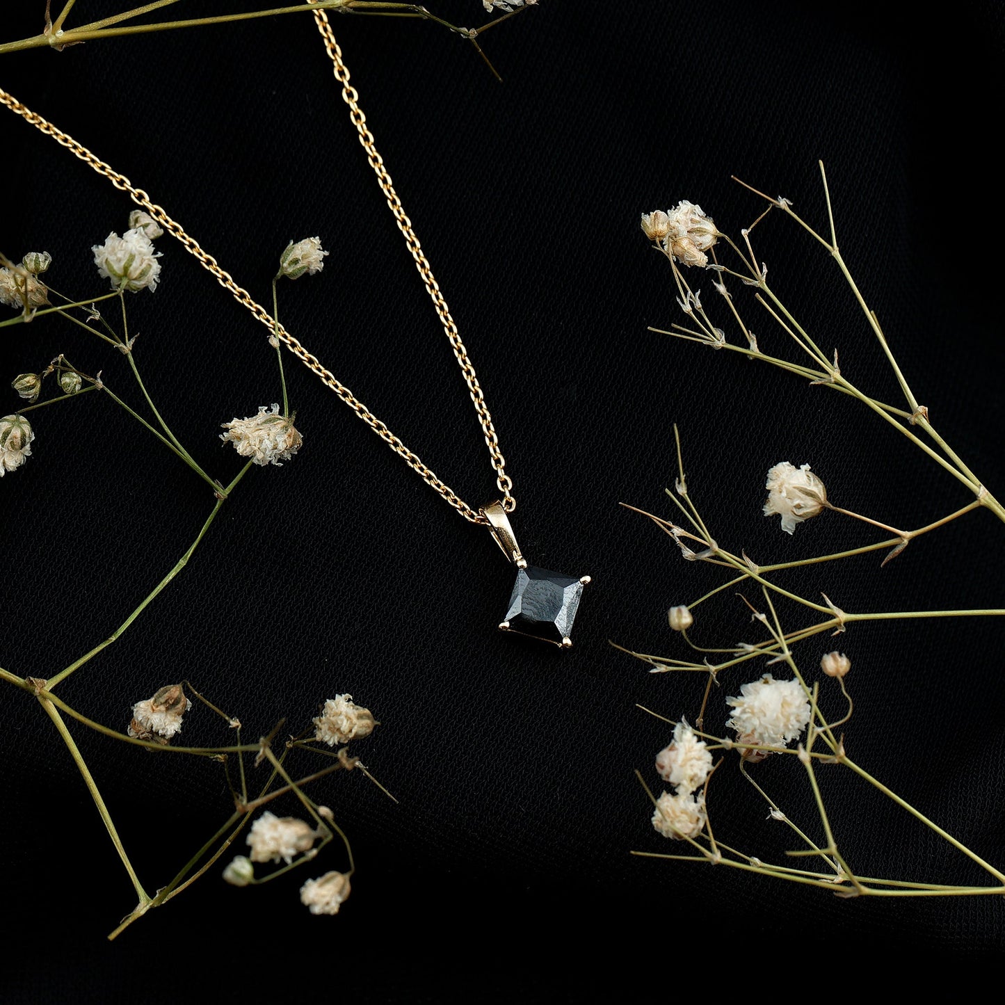 Princess Cut Black Spinel Solitaire Pendant Necklace with Silver Chain