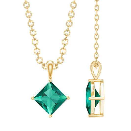 Princess Cut Lab Grown Emerald Solitaire Pendant Necklace with Chain