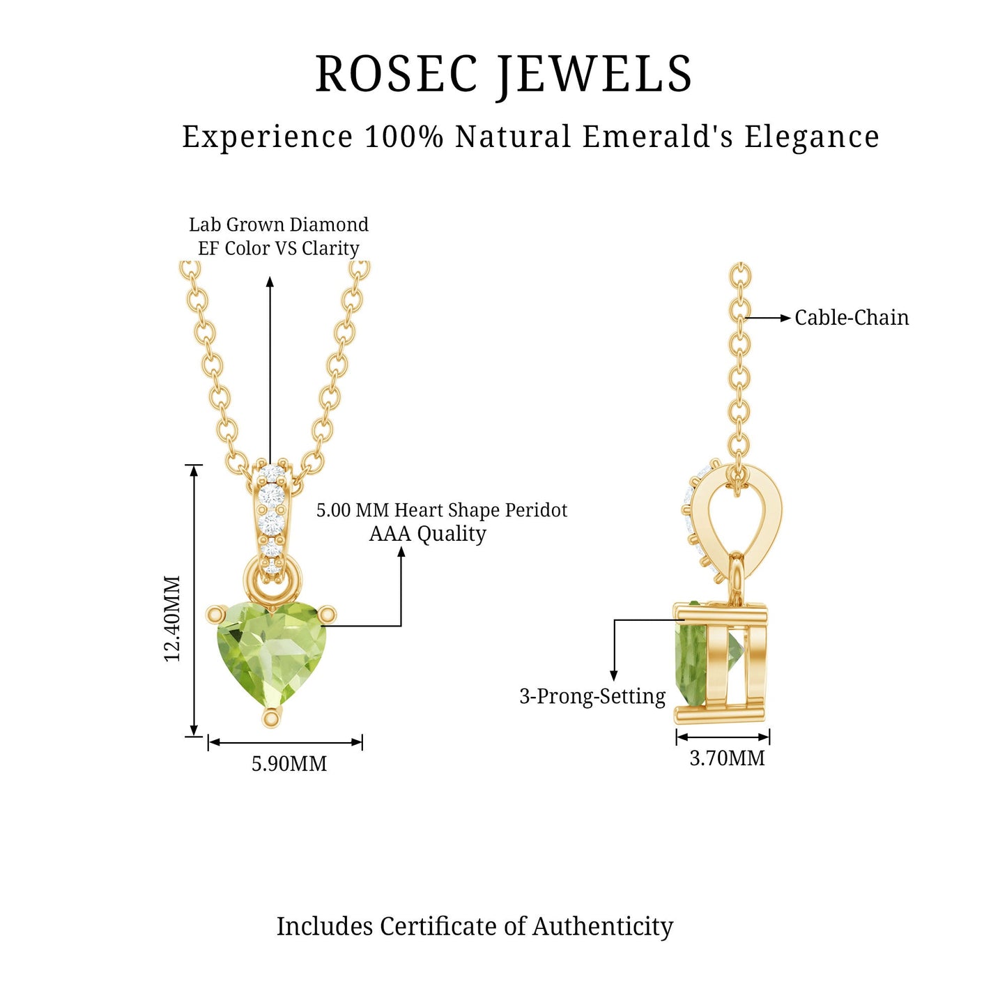 Natural Heart Shape Peridot Diamond Pendant Necklace with Chain