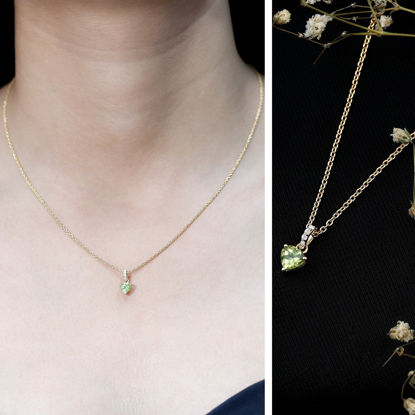Natural Heart Shape Peridot Diamond Pendant Necklace with Chain