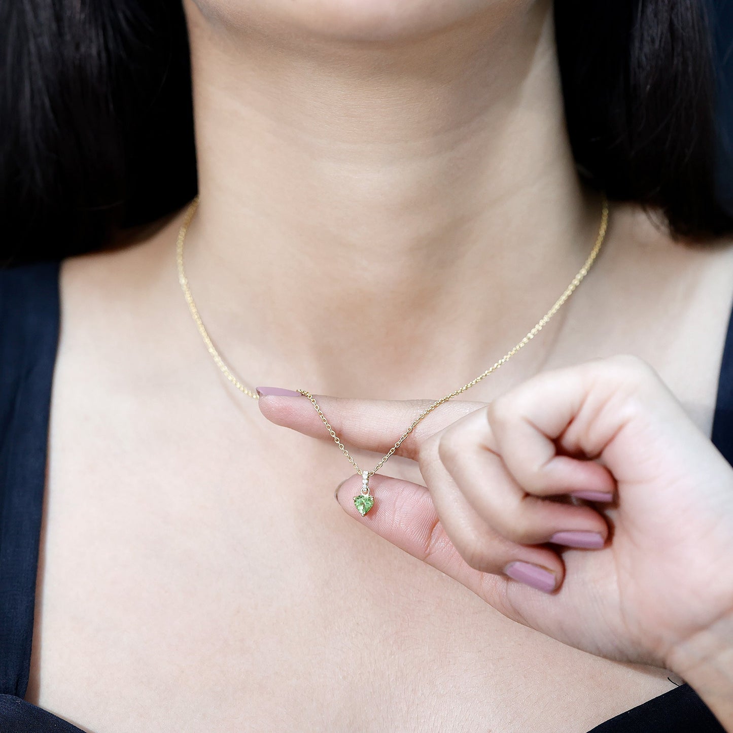 Natural Heart Shape Peridot Diamond Pendant Necklace with Chain