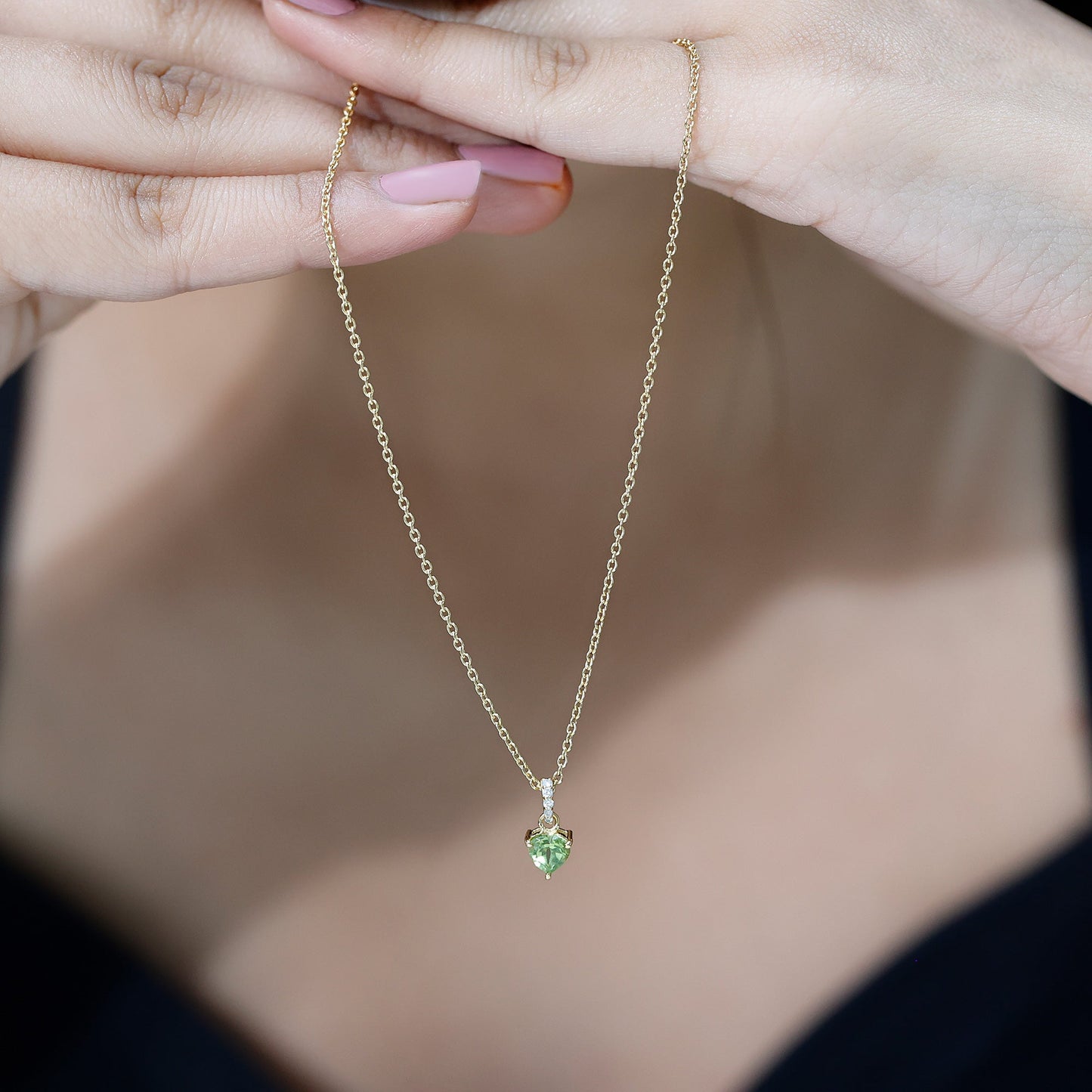 Natural Heart Shape Peridot Diamond Pendant Necklace with Chain