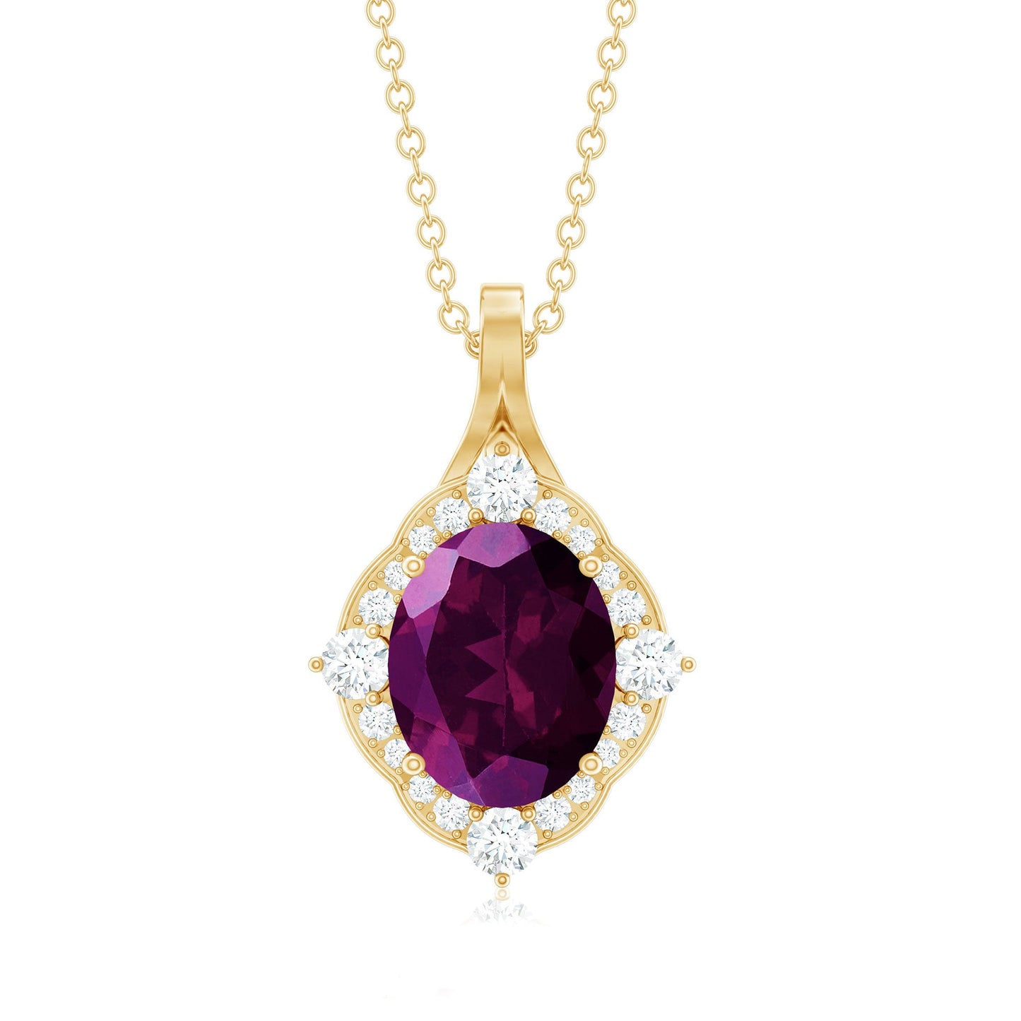 Oval Rhodolite Garnet Vintage Necklace with Diamond Halo