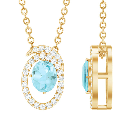 Natural Oval Sky Blue Topaz Diamond Pendant Necklace with Chain