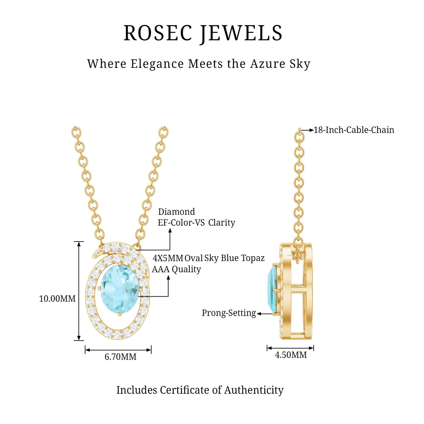 Natural Oval Sky Blue Topaz Diamond Pendant Necklace with Chain