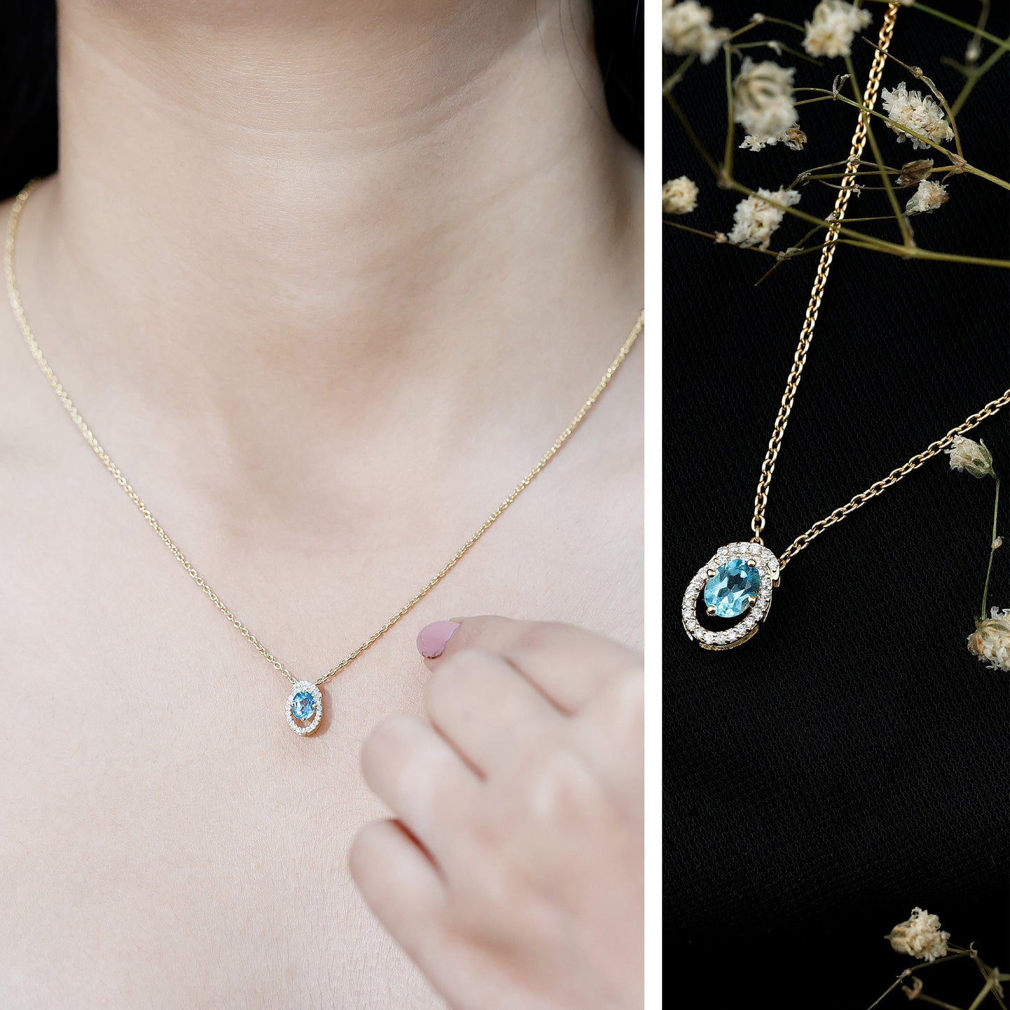 Natural Oval Sky Blue Topaz Diamond Pendant Necklace with Chain