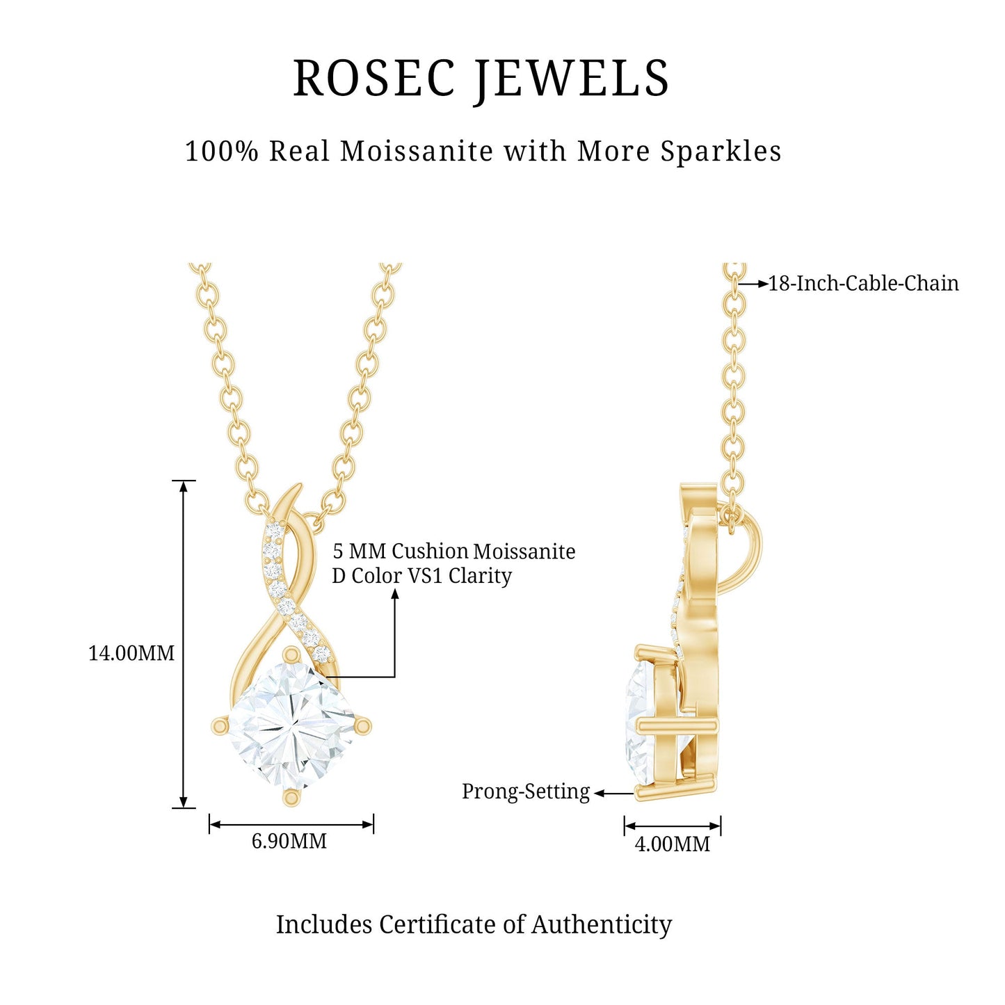 Cushion Cut 5 MM Moissanite Infinity Necklace with Silver Chain