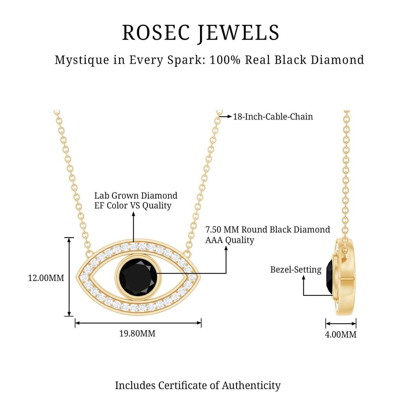 Certified Black and White Diamond Evil Eye Necklace in Silver