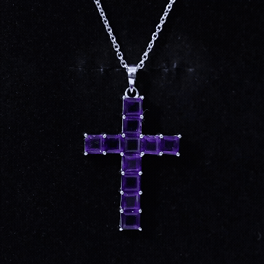 Princess Cut Amethyst Cross Pendant Necklace with Chain