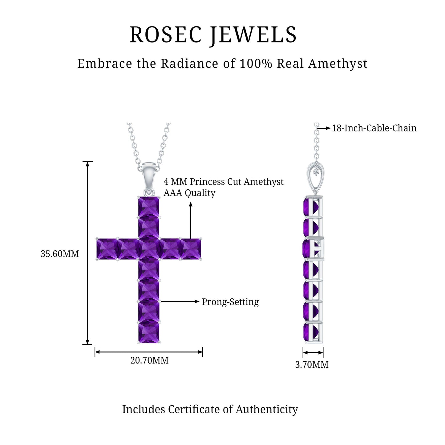 Princess Cut Amethyst Cross Pendant Necklace with Chain
