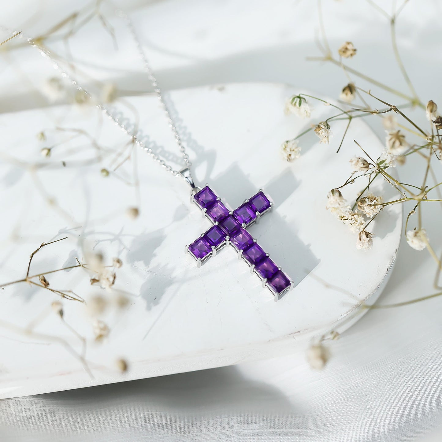 Princess Cut Amethyst Cross Pendant Necklace with Chain