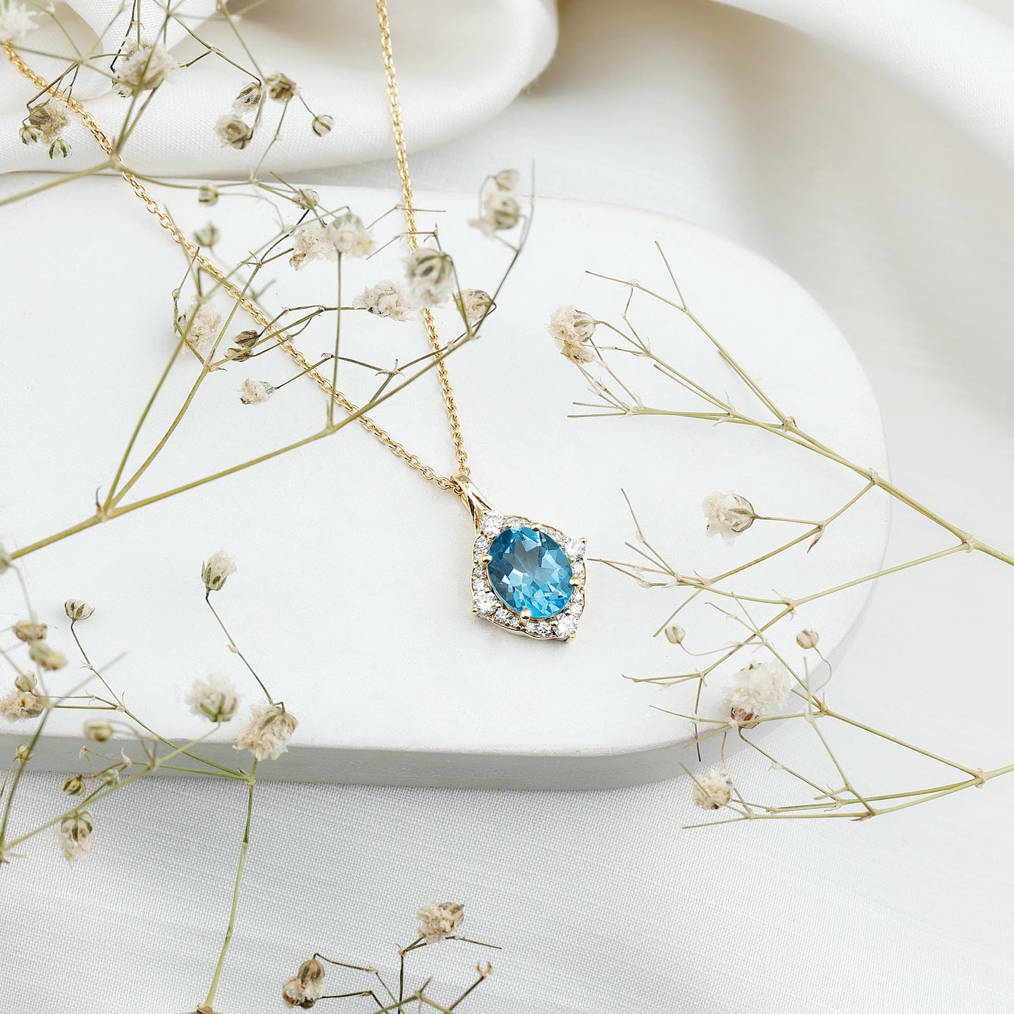 Sterling Silver Swiss Blue Topaz and Diamond Vintage Necklace With Chain