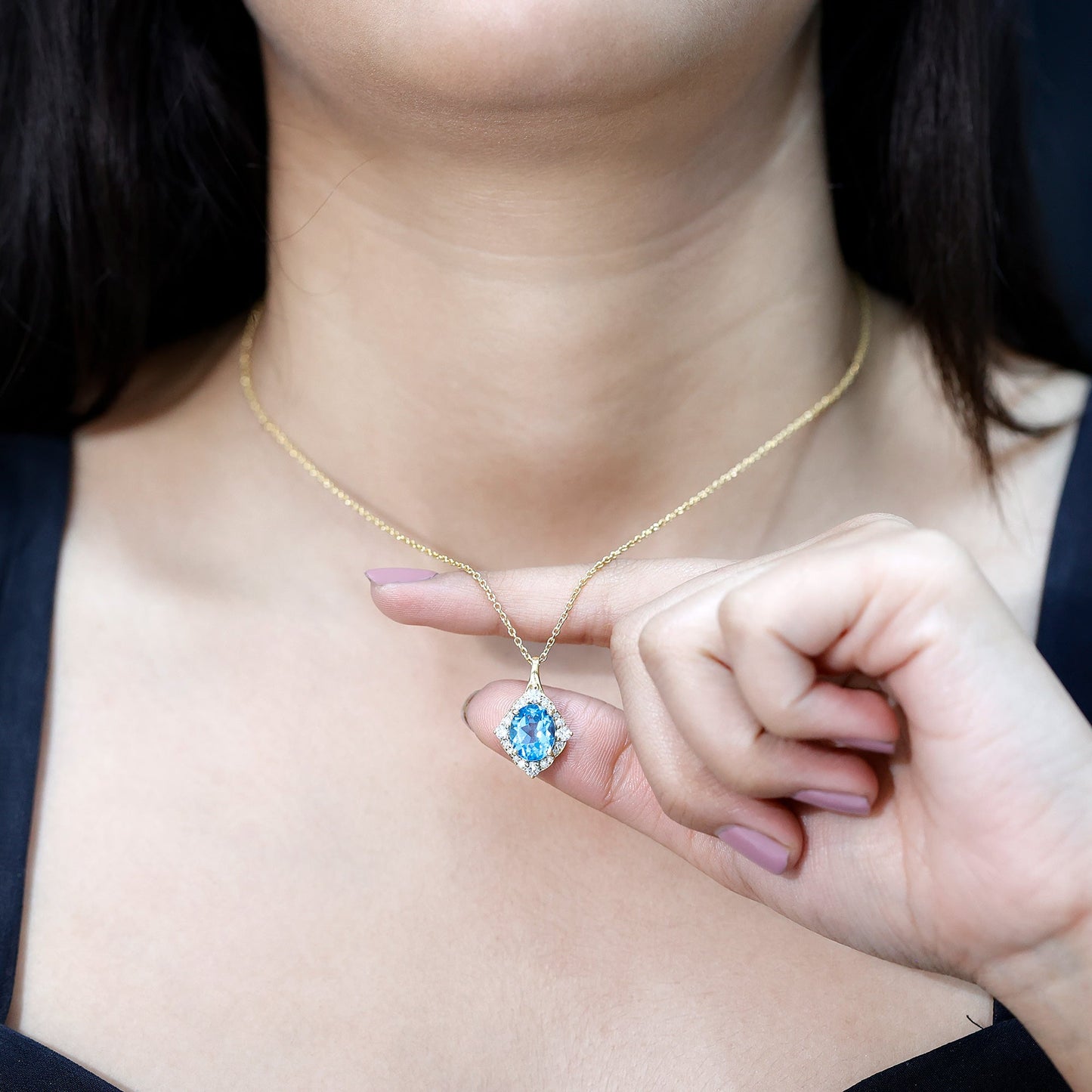 Sterling Silver Swiss Blue Topaz and Diamond Vintage Necklace With Chain