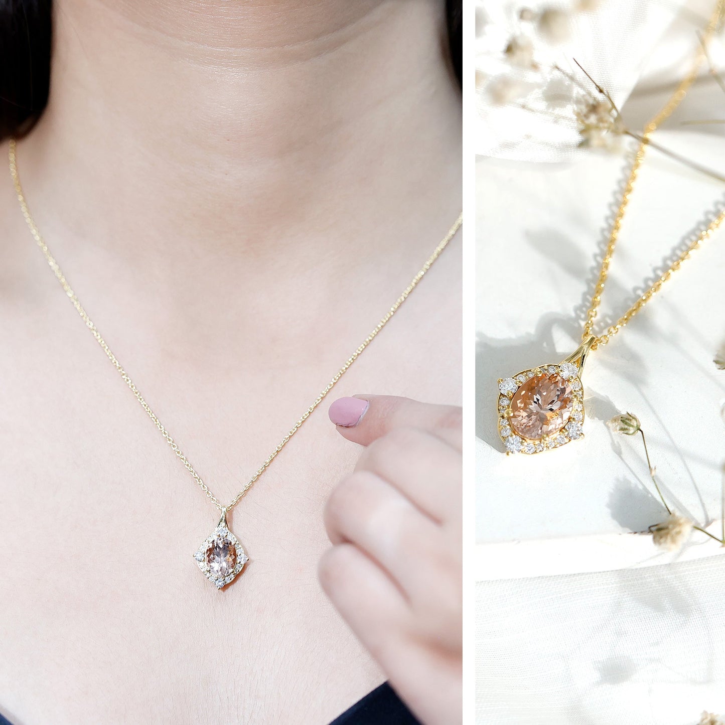 Vintage Inspired Morganite Bridal Necklace with Diamond Halo