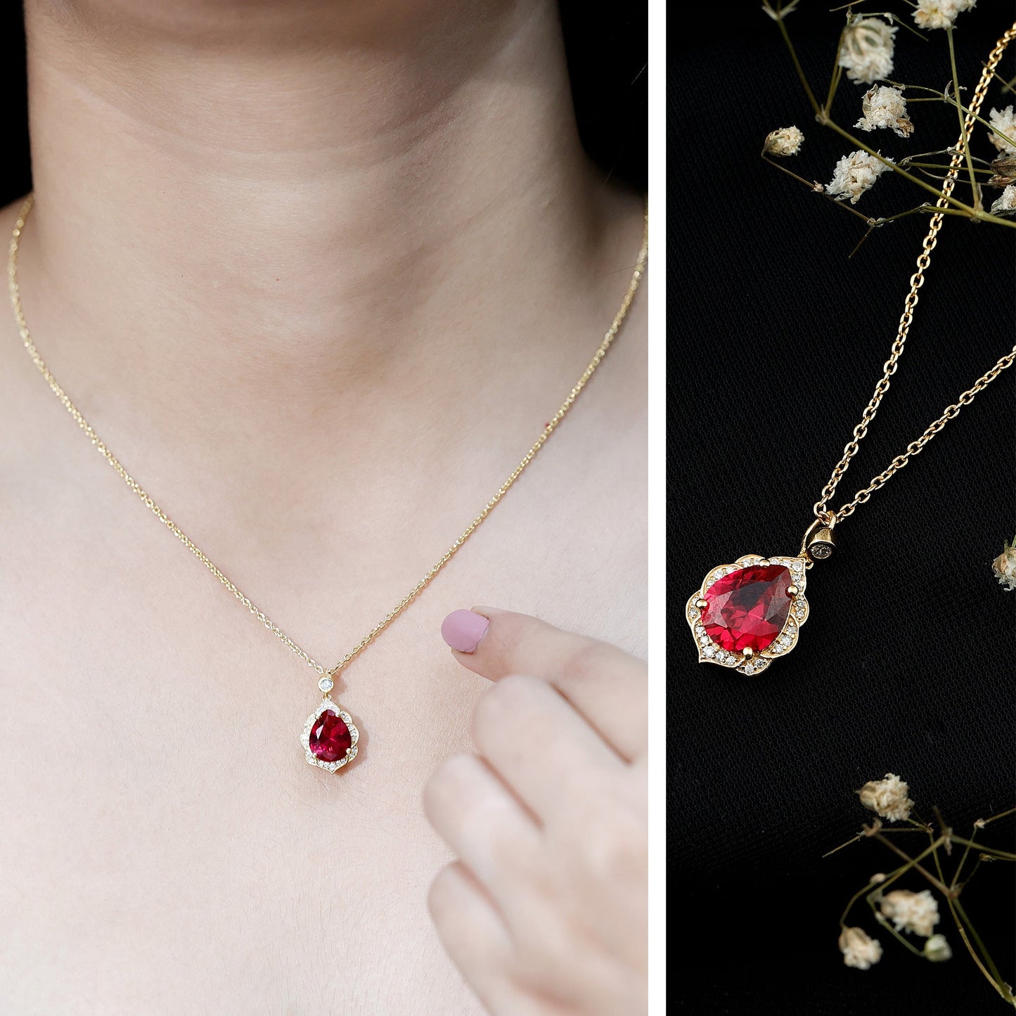 8X10 mm Lab Grown Ruby Diamond Vintage Necklace