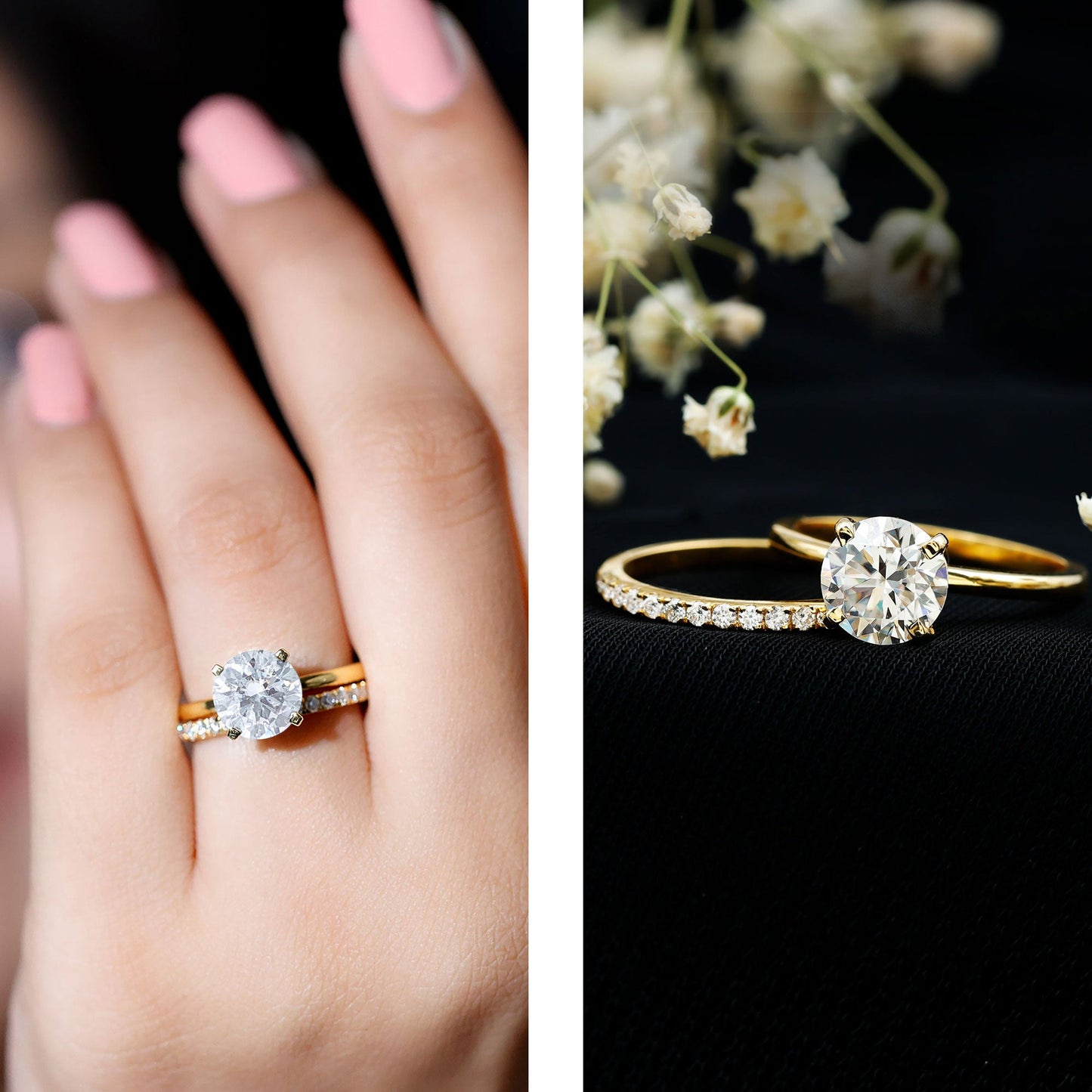 Certified 8 MM Moissanite Solitaire Wedding Ring Set in Gold Plated Silver