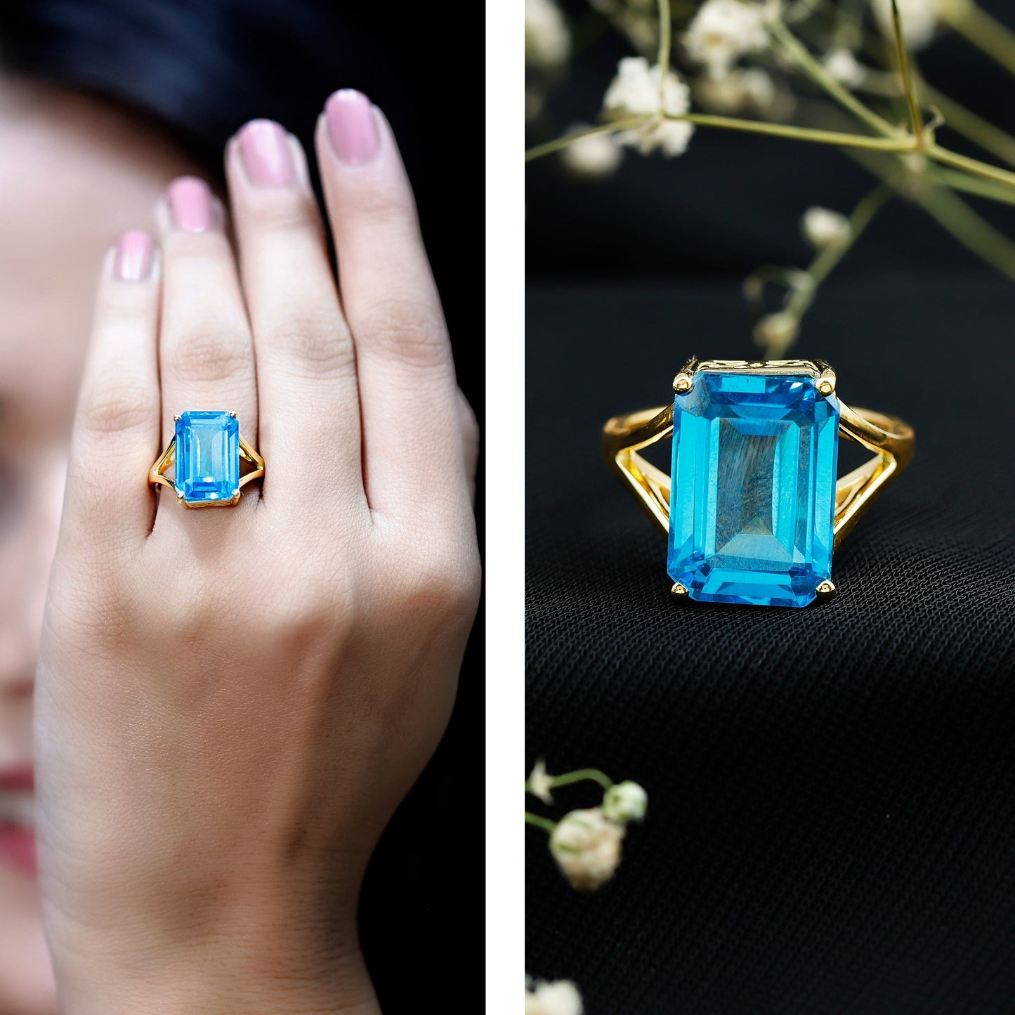 Aquamarine Emerald Cut Engagement Ring in Yellow Gold Plated Silver